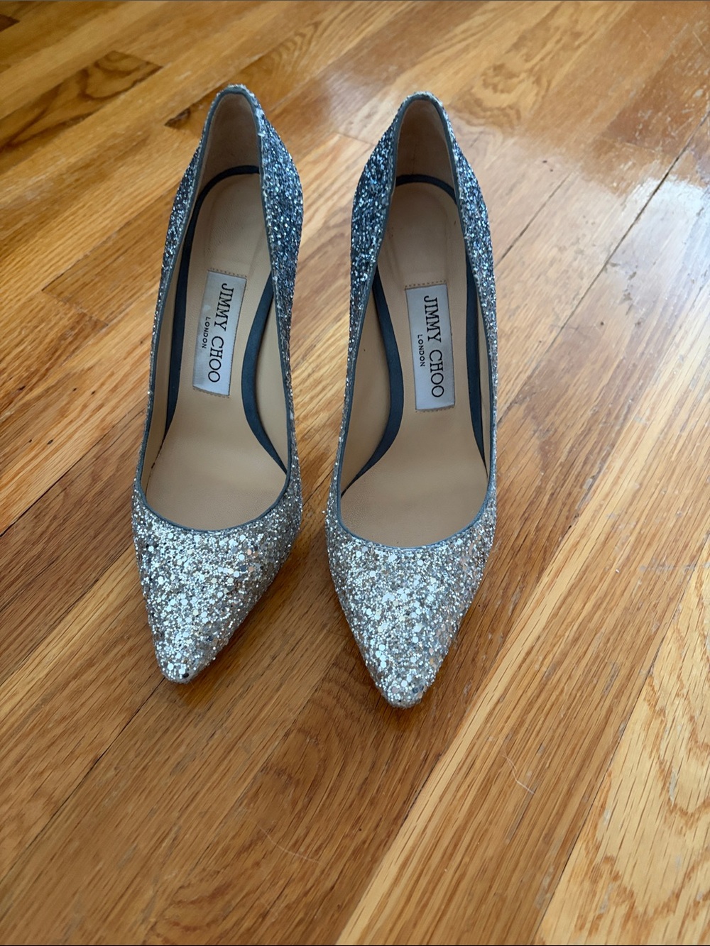Jimmy Choo Silver Glitter Pointed Toe Pumps